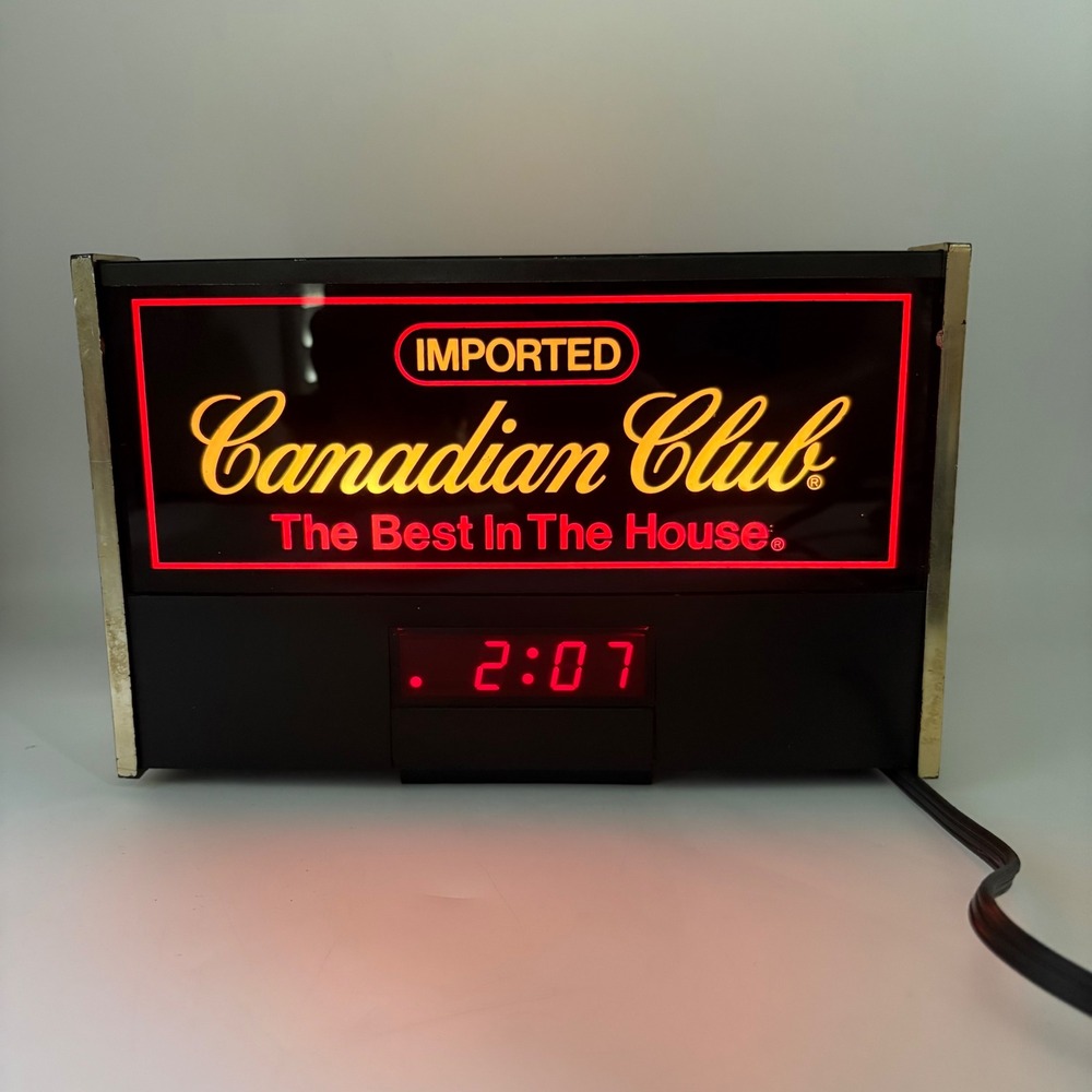 Canadian Club Whisky Lighted Bar Sign Digital Clock 9x6 Black Gold Vintage Good